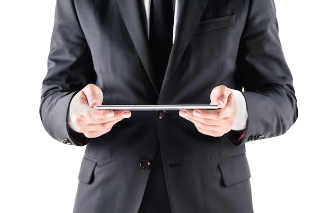 Cropped view of businessman using digital tablet isolated on white