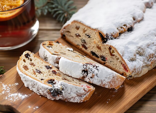 Cropped view of cutted slices of freshly baked traditional homemade German Stollen bread sprinkled