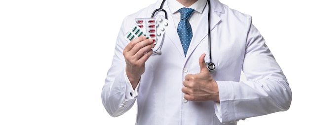 Cropped view of doctor with pills man hold pills isolated on white pills medication