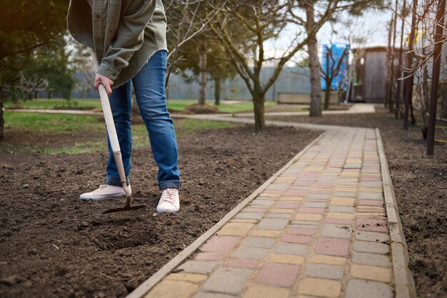 Cropped view of a female gardener famer raking the gound preparing for seedlingHome vegetable garden in the countryside Sowing to fight the global crisis and postwar hunger