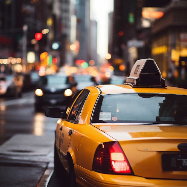 Foto vista ritagliata da dietro su un taxi che guida tra le strade della città automobile giallo movimento in centro generativa ai