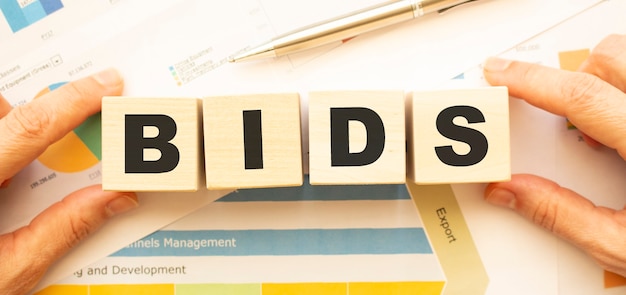 Cropped view of hands holding wooden cubes with BIDS lettering on work table