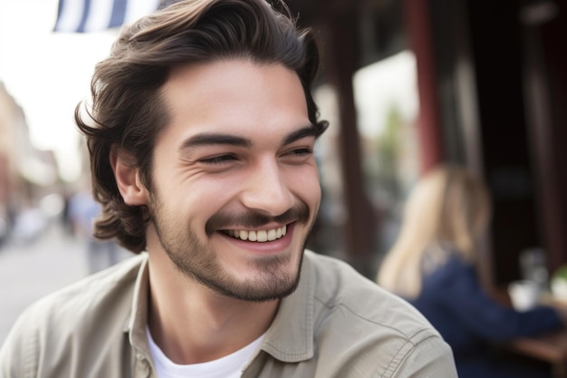 Обрезка изображения симпатичного мужчины, улыбающегося во время свидания с вами, созданная с помощью генеративного искусственного интеллекта