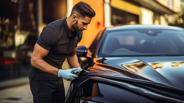 Photo cropped view of man cleaning grey car mirror with blue rag