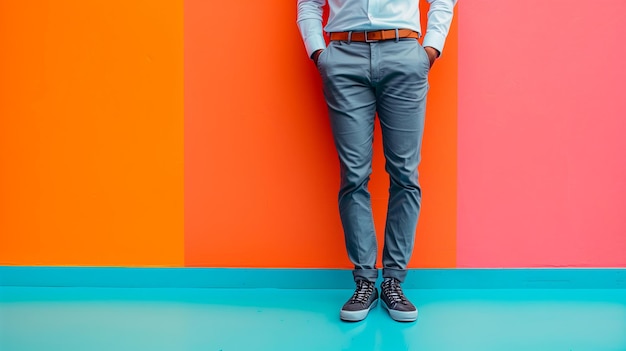 Cropped view of man in pants and shirt standing on colorful background