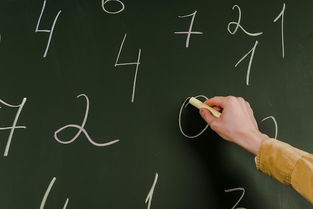 Cropped view of man with chalk writing numbers on blackboard