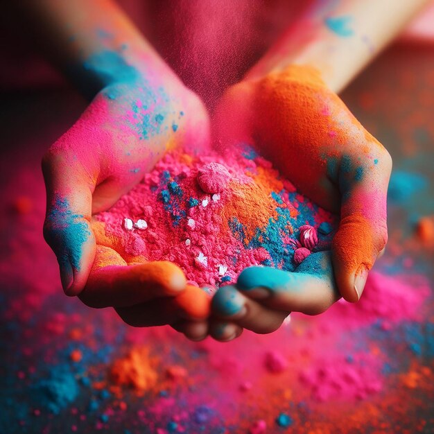 Фото cropped view of hands with holi powder for hindu spring festival of colours