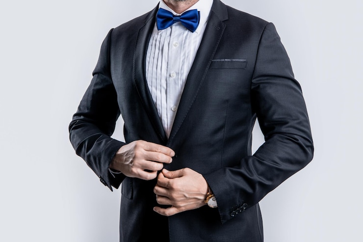 Photo cropped view photo of man wearing tux man wear tux formal suit man in tux isolated on white