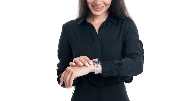 Cropped view of punctual businesswoman check time on watch isolated on white background