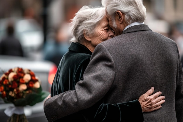 Vista ritagliata dell'uomo triste che abbraccia la donna al funerale