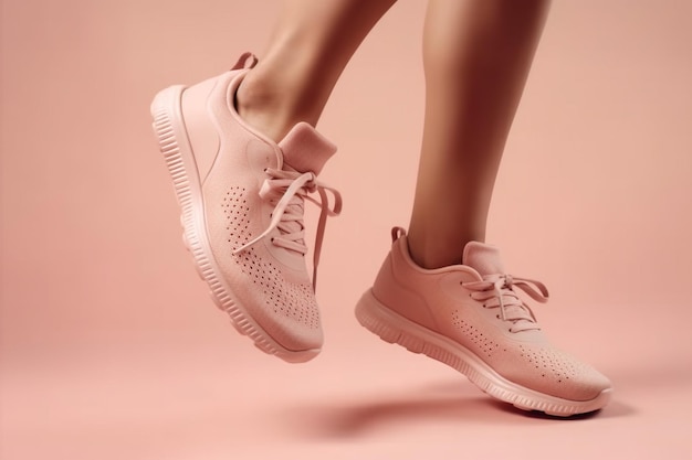Cropped view of a woman's legs in pink sneakers
