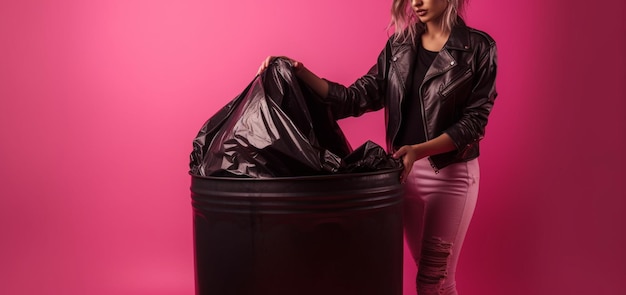 Обрезанный вид женщины в плаще, держащей мешок для мусора, изолированный на pinkgenerative ai