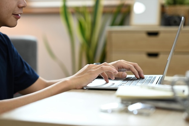 Cropped view of young asian man using laptop in bright living room