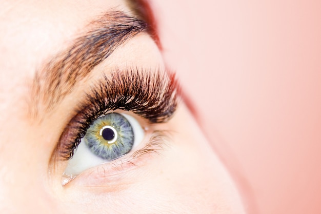 Cropped woman face with eye long false eyelashes close up