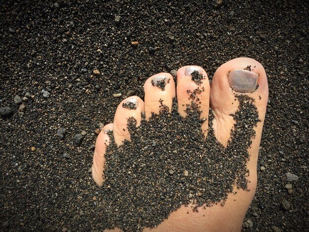 Foto piede di donna tagliato nella sabbia sulla spiaggia