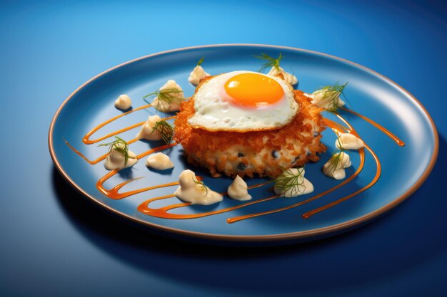 Photo croquemadame on a blue abstraction round plate french dish