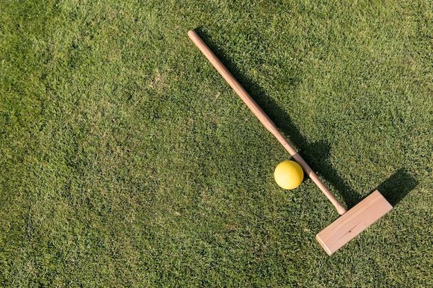 夏の緑の芝生の上のクロケットの木槌とボール