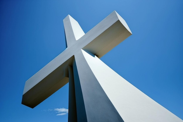 Cross against the blue sky view from below