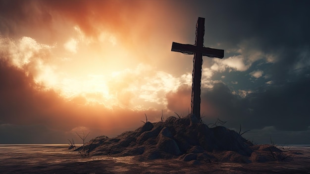 Крест на фоне драматического неба на картине