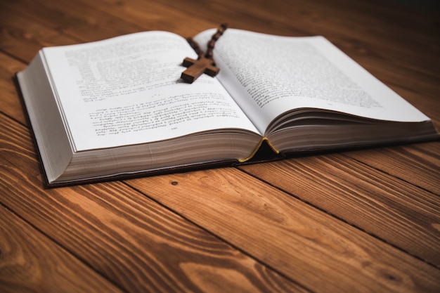 Cross on the bible on a dark surface