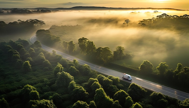 国境を越えたトラック運転と霧の朝の風景