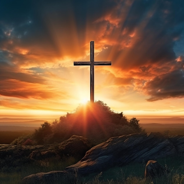 Photo cross at calvary aweinspiring image of a wooden cross on a hill during a sunset