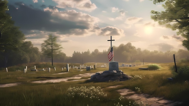 A cross in a cemetery with American flag the sun shining on it