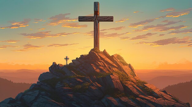 the cross of christ on a hill at sunset