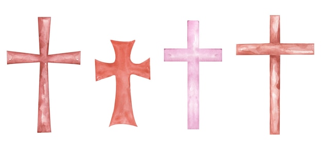 クロスクリップアート水彩クリスチャン赤とピンクのクロスセット洗礼クロス宗教イラスト