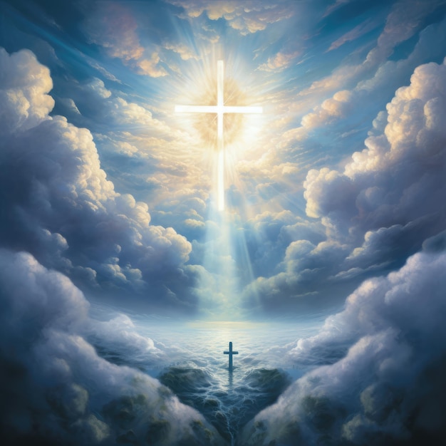 Photo cross in the clouds radiates the light of faith and hope