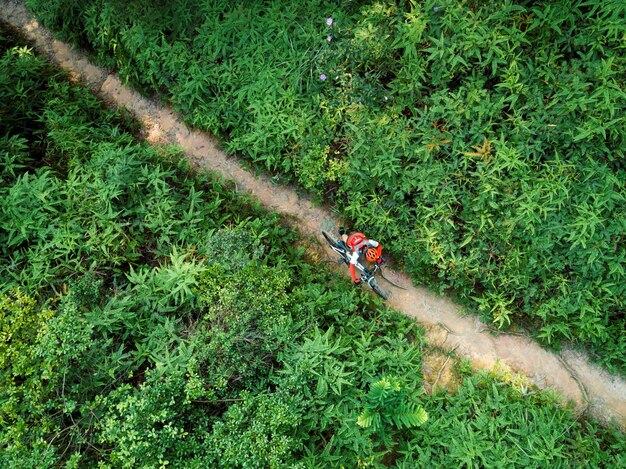 Cross country biking woman cyclist carrying mountain bike walking on tropical forest trail