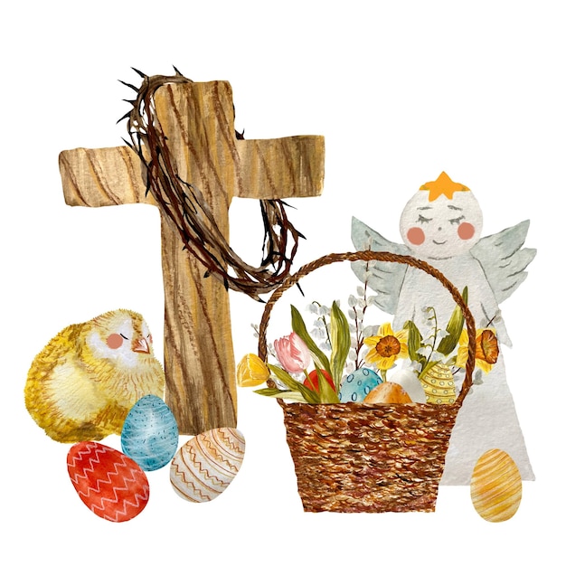 Photo cross crown chick egg flower angel basket. a watercolor illustration. hand drawn texture, isolated.
