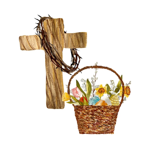 Photo cross crown easter egg flower basket set. a watercolor illustration. hand drawn texture, isolated.
