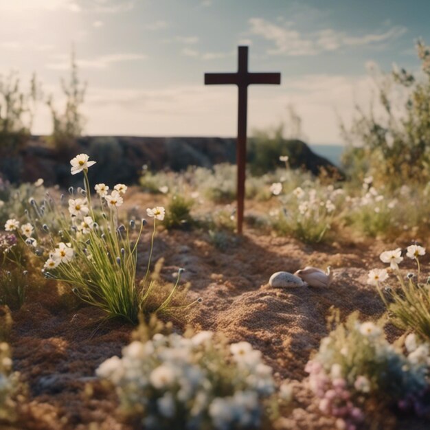 a cross in a desert with flowers and a sky background