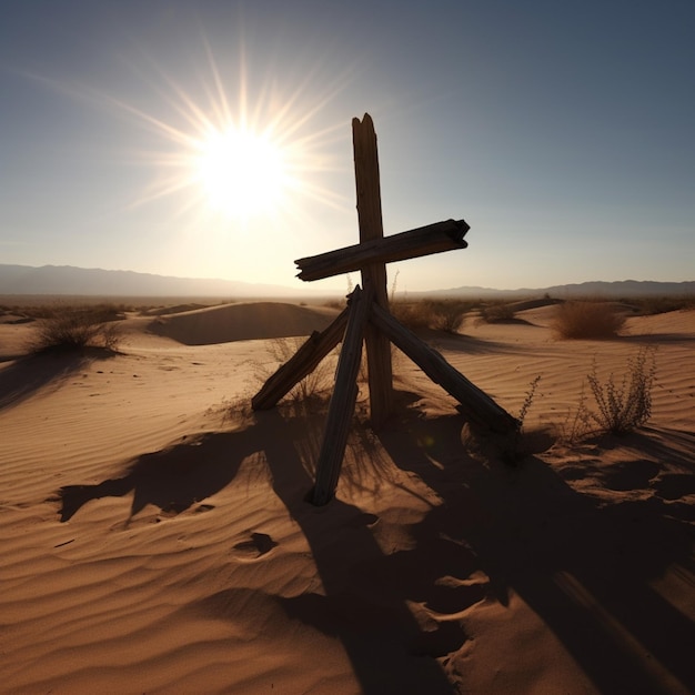 A cross in the desert with the sun shining on it