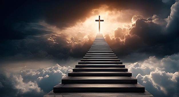 Cross at the end of stairs in heaven for faith concept