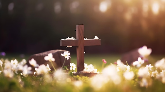 A cross in a field of flowers with a rock in the background