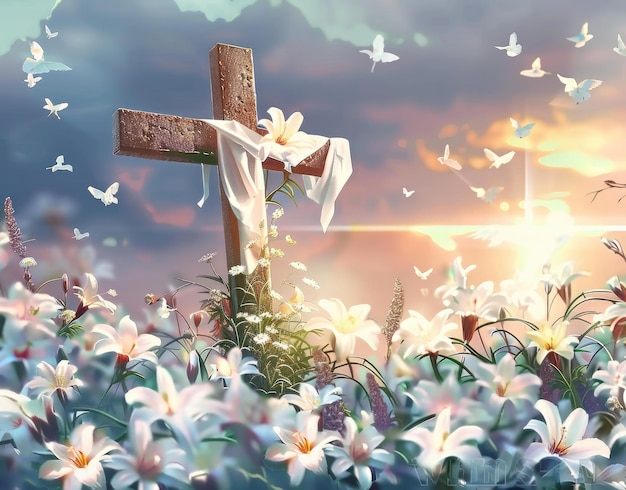 a cross in a field of flowers with the sun behind it