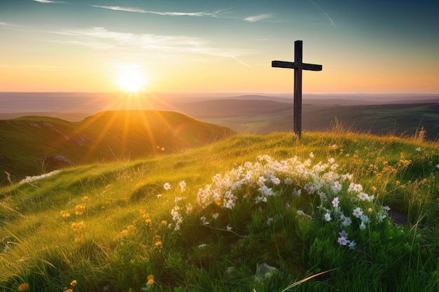 A cross in a field of flowers with the sun setting behind it