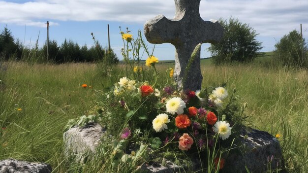 A cross in a field of flowers