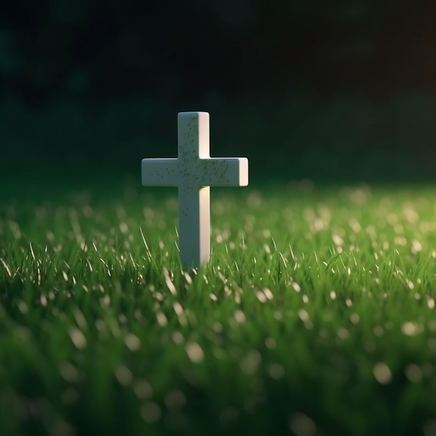 A cross in a field of grass with a dark background.