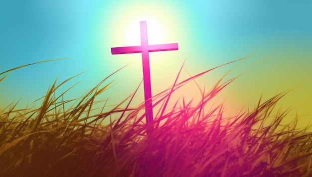 A cross in a field of grass with the sun shining behind it