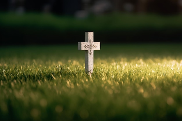 A cross in a field of grass with the word cemetery on it