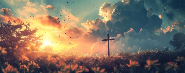 A cross in a field in the middle of picturesque nature on the background of a cloudy sky during sunset