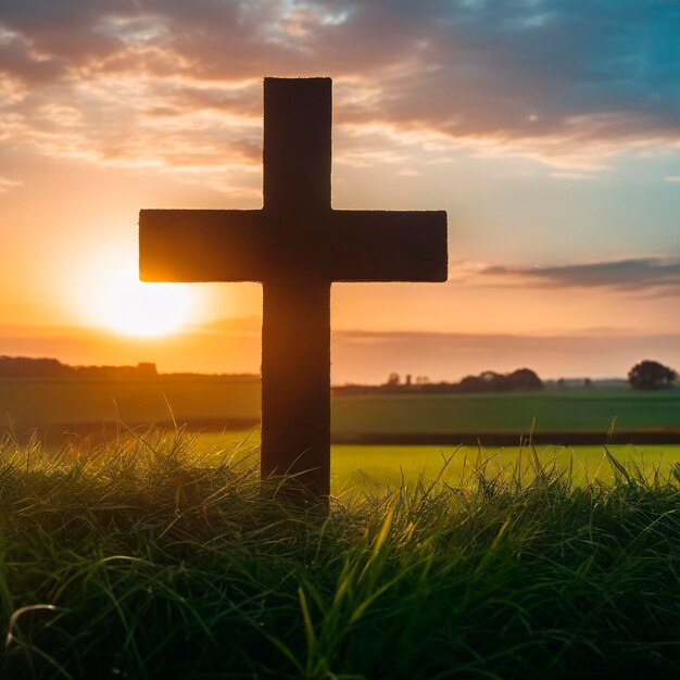 Cross on the field at sunset