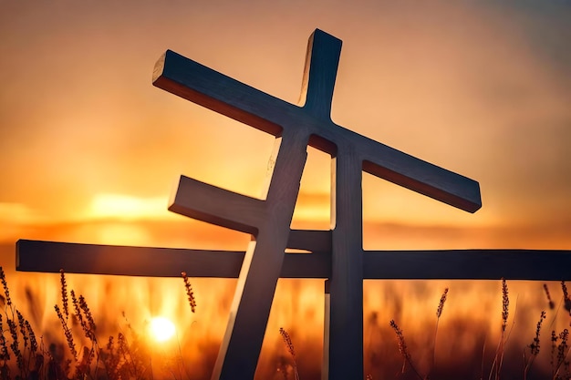 A cross in a field of wheat with the sun behind it