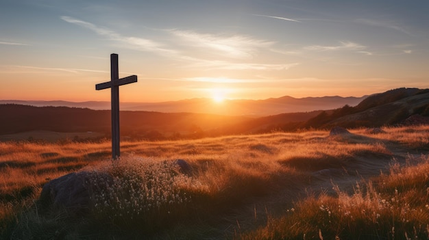 A cross in a field with the sun setting