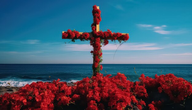 Photo cross and flowers during the day of the dead in mexico