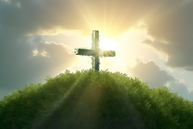 태양 광선과 푸른 하늘에 녹색 잎이 있는 신의 십자가 녹색 나무와 자연 경관이 있는 언덕 위의 십자가 종교 개념 AI 생성