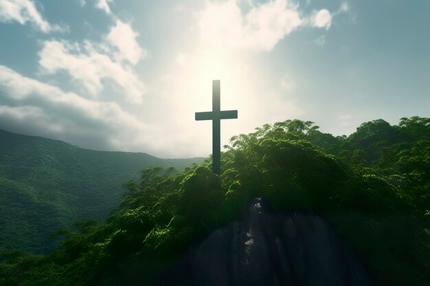 The cross of God with green Leaf in the rays of the sun and blue sky Cross on the hill with green trees and graeen natural view Religious concept AI Generative